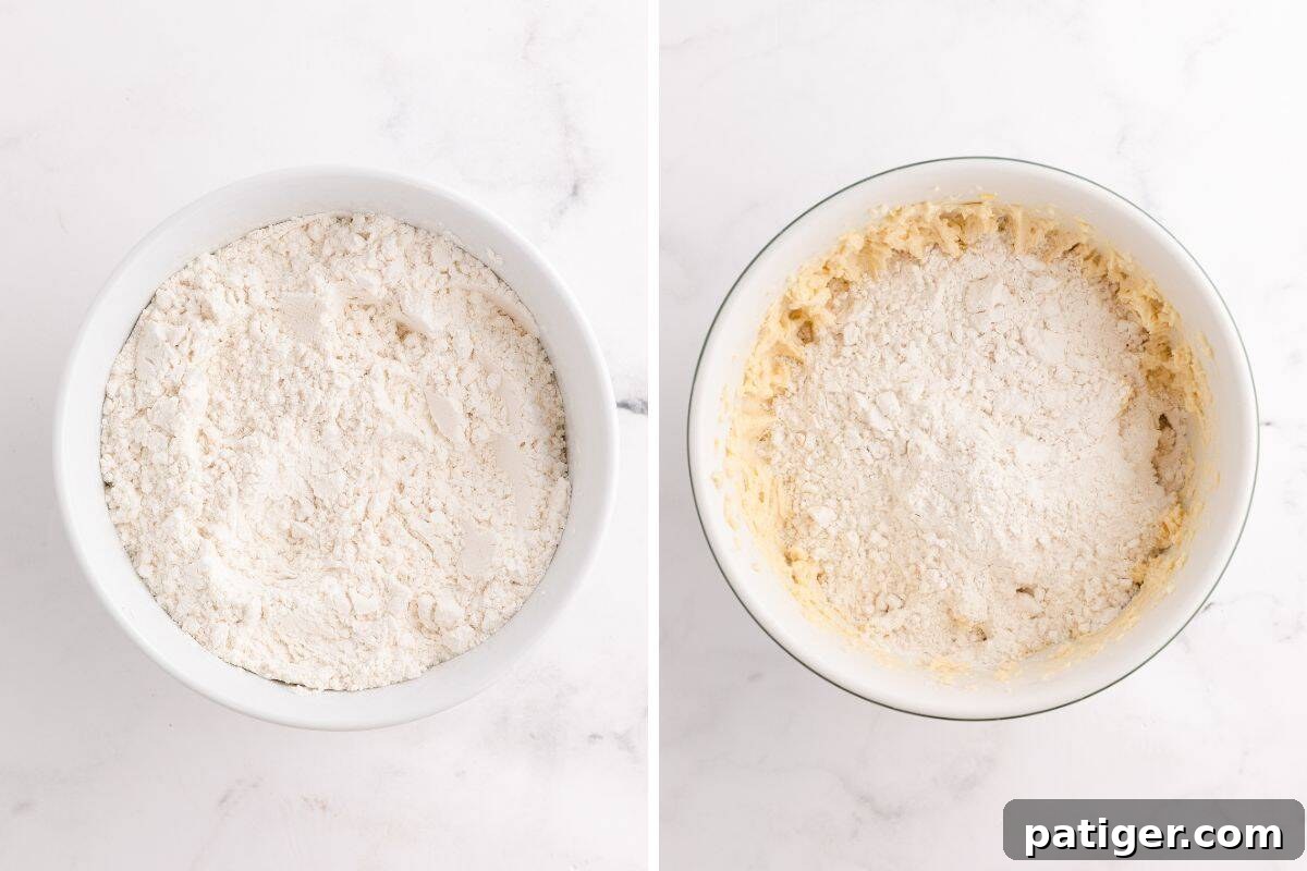 A two-part image illustrating cookie dough preparation: the left shows dry ingredients (flour, baking soda, salt) in a bowl; the right shows the dry mixture being added to the wet creamed dough, prior to final mixing.