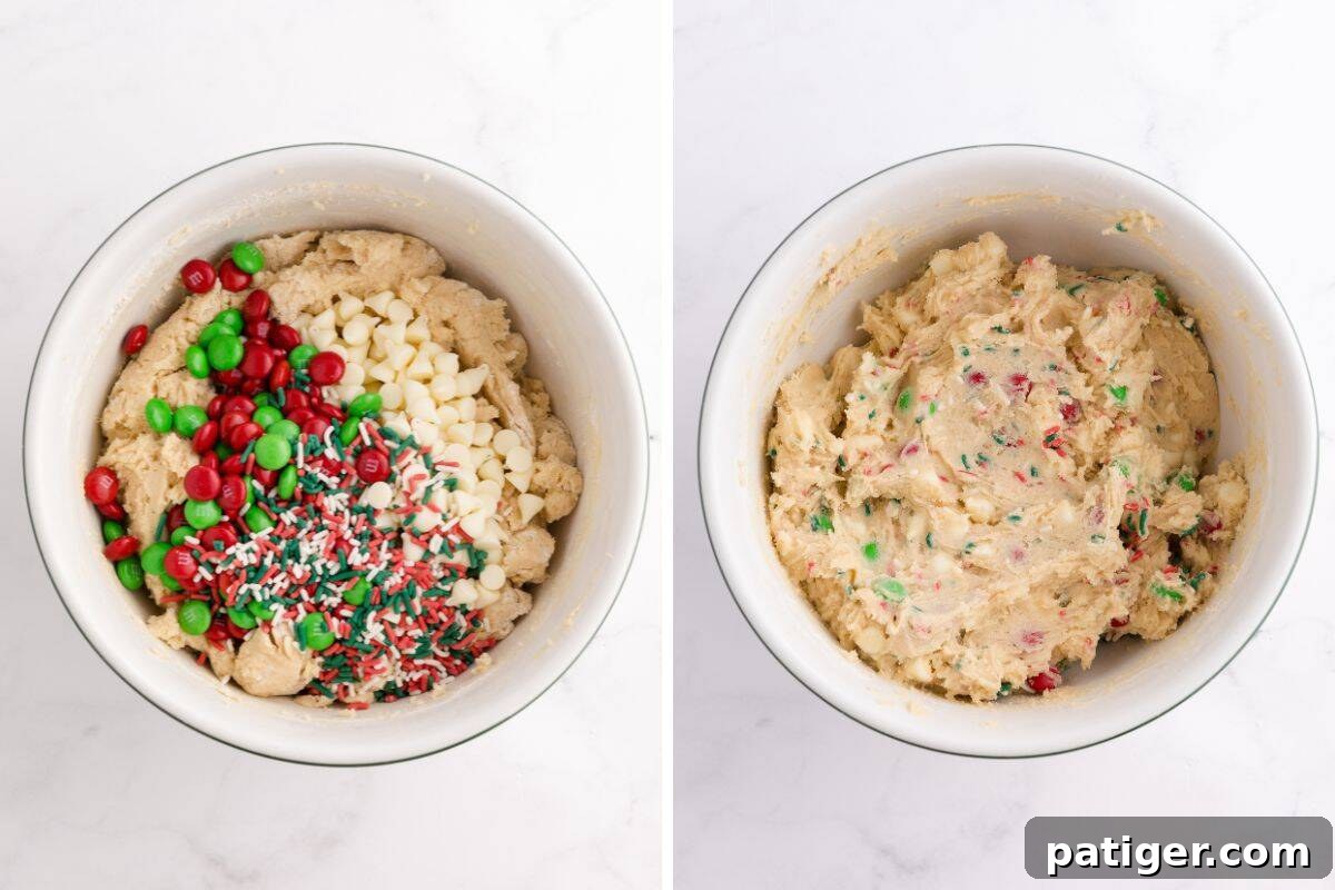 A side-by-side comparison of Christmas cookie dough: one bowl shows plain dough, and the other shows the dough after being mixed with colorful Christmas M&M candies, white chocolate chips, and festive sprinkles.