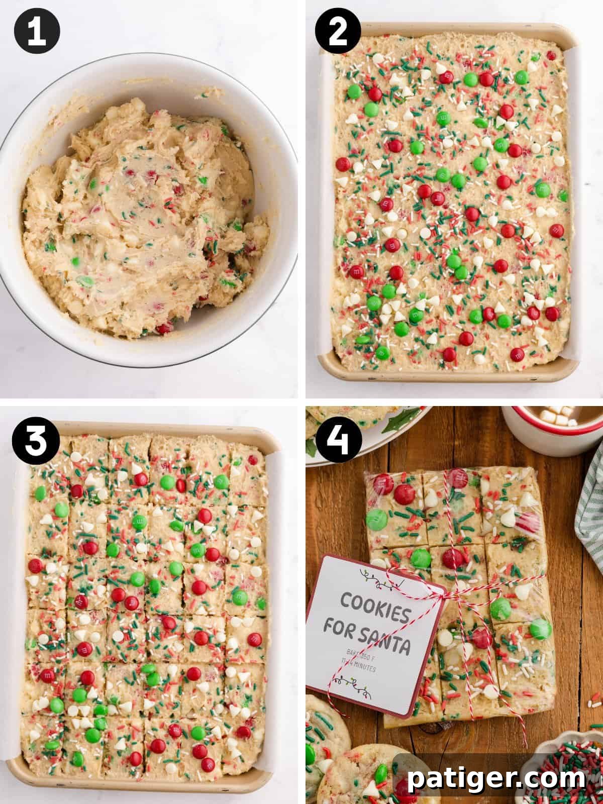 A step-by-step visual guide showing how to prepare, press, score, and wrap break and bake Christmas cookie dough gifts.
