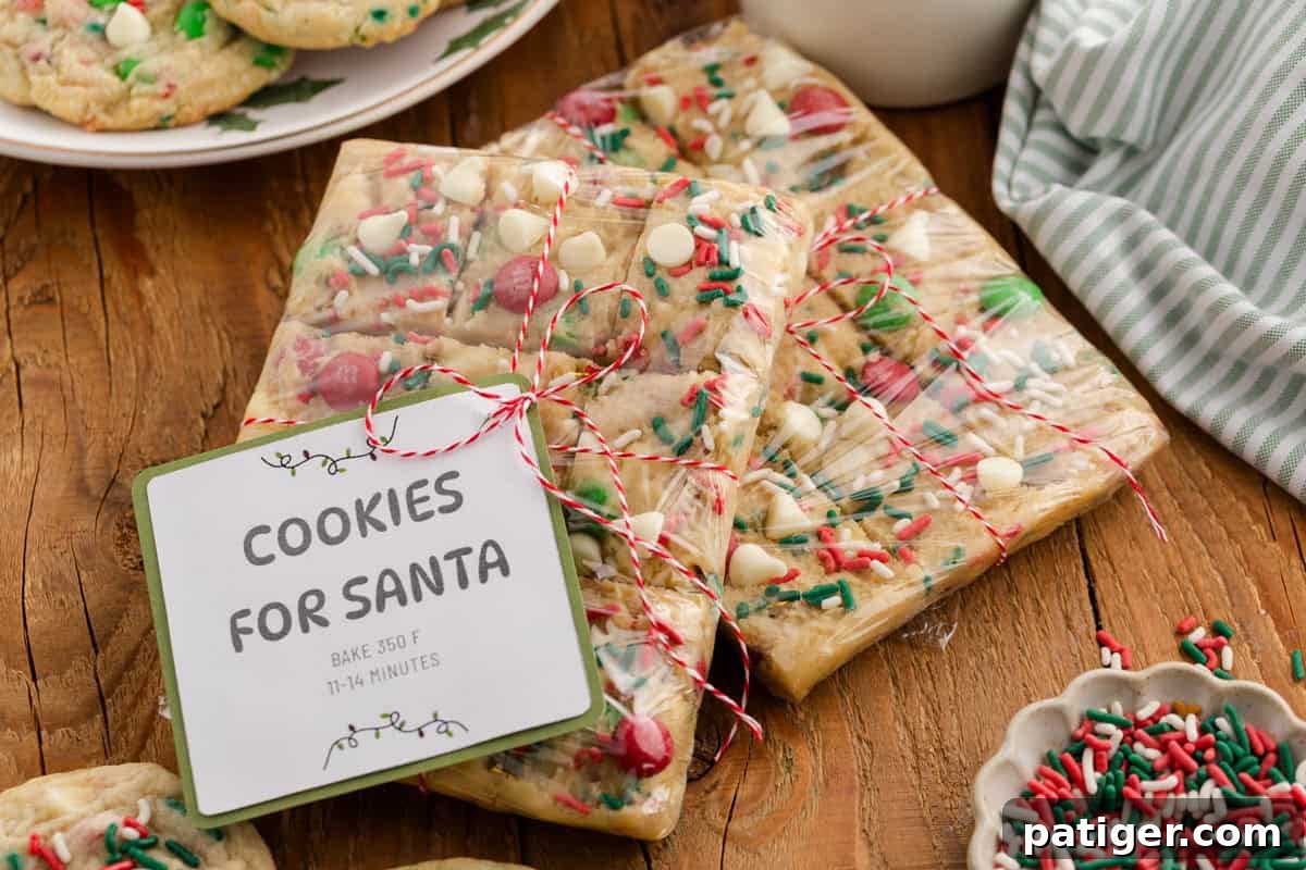 Perfectly wrapped, pre-portioned Christmas cookie dough adorned with sprinkles and festive M&Ms, labeled “Cookies for Santa,” thoughtfully placed beside a bowl overflowing with colorful sprinkles, ready for gifting.