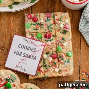 Wrapped break and bake Christmas cookie dough with festive toppings and a “Cookies for Santa” label.