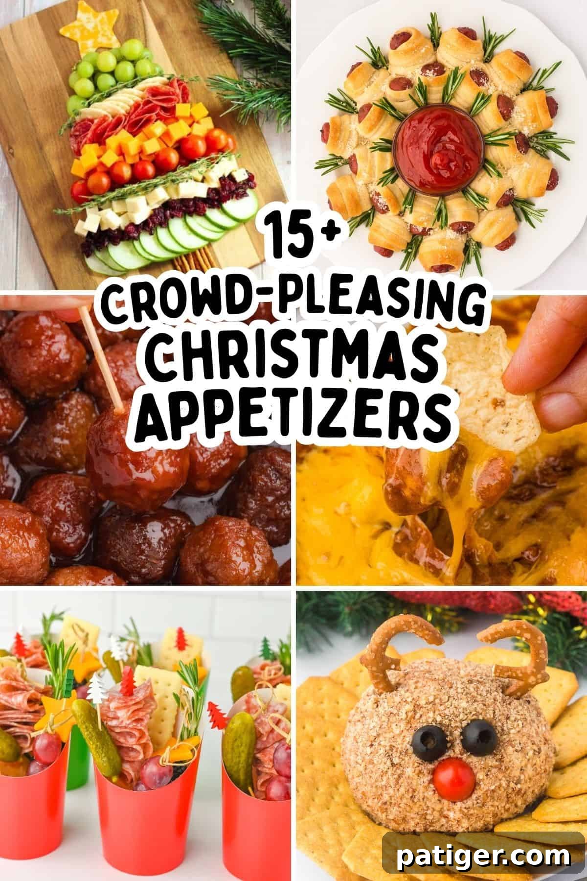 15+ Irresistible Christmas Starters 2 A vibrant collage featuring a variety of festive Christmas appetizers, including a beautifully arranged charcuterie tree, savory meatballs, creamy cheesy dip with tortilla chips, classic pigs in a blanket, charming festive snack cups, and an adorable reindeer cheese ball. The image is captioned with '15+ Crowd-Pleasing Christmas Appetizers'.