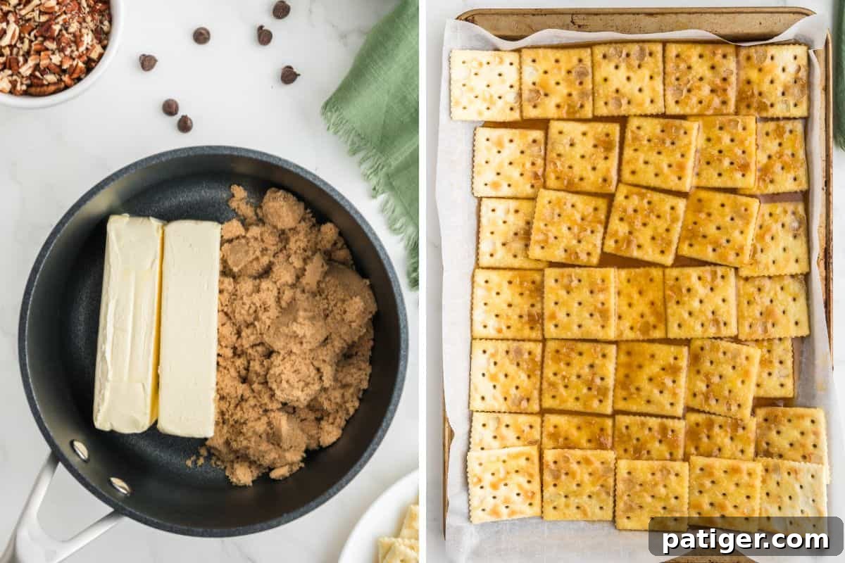 Butter and brown sugar in a saucepan, and crackers topped with the toffee mixture on a lined baking sheet.