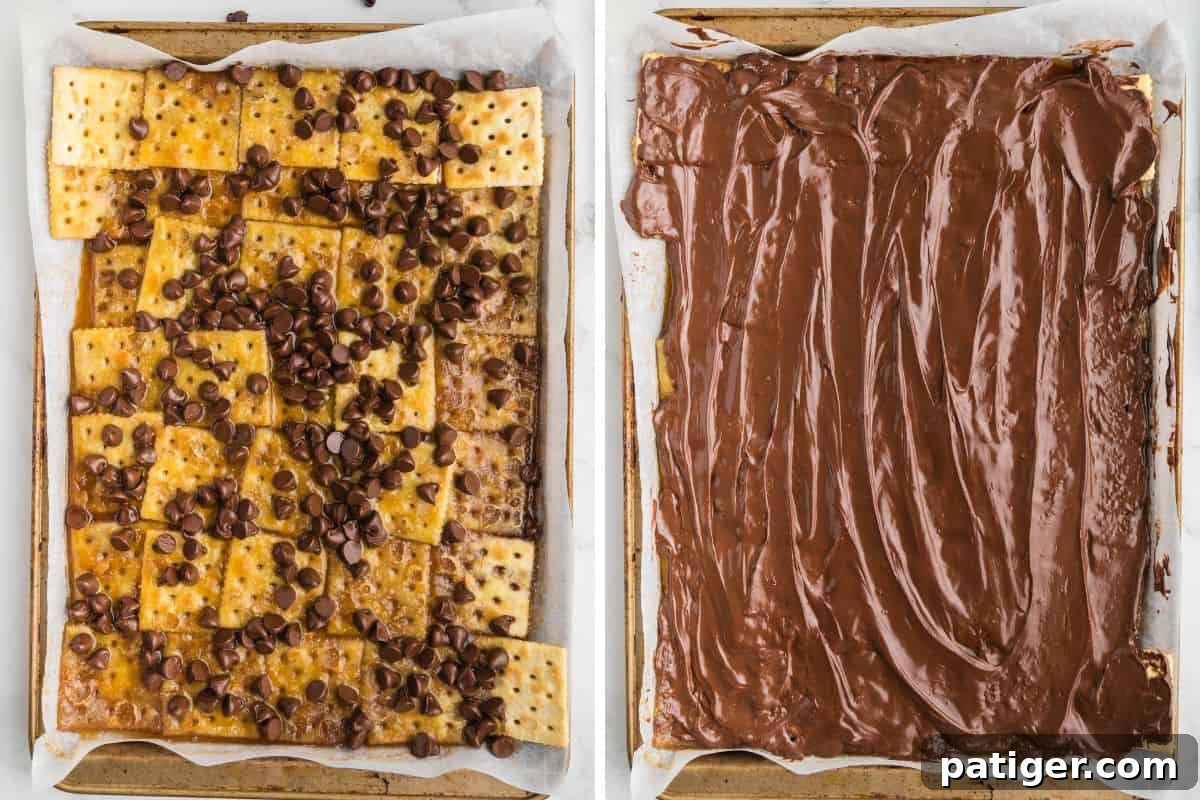 Crackers topped with chocolate chips and then fully coated with melted chocolate.