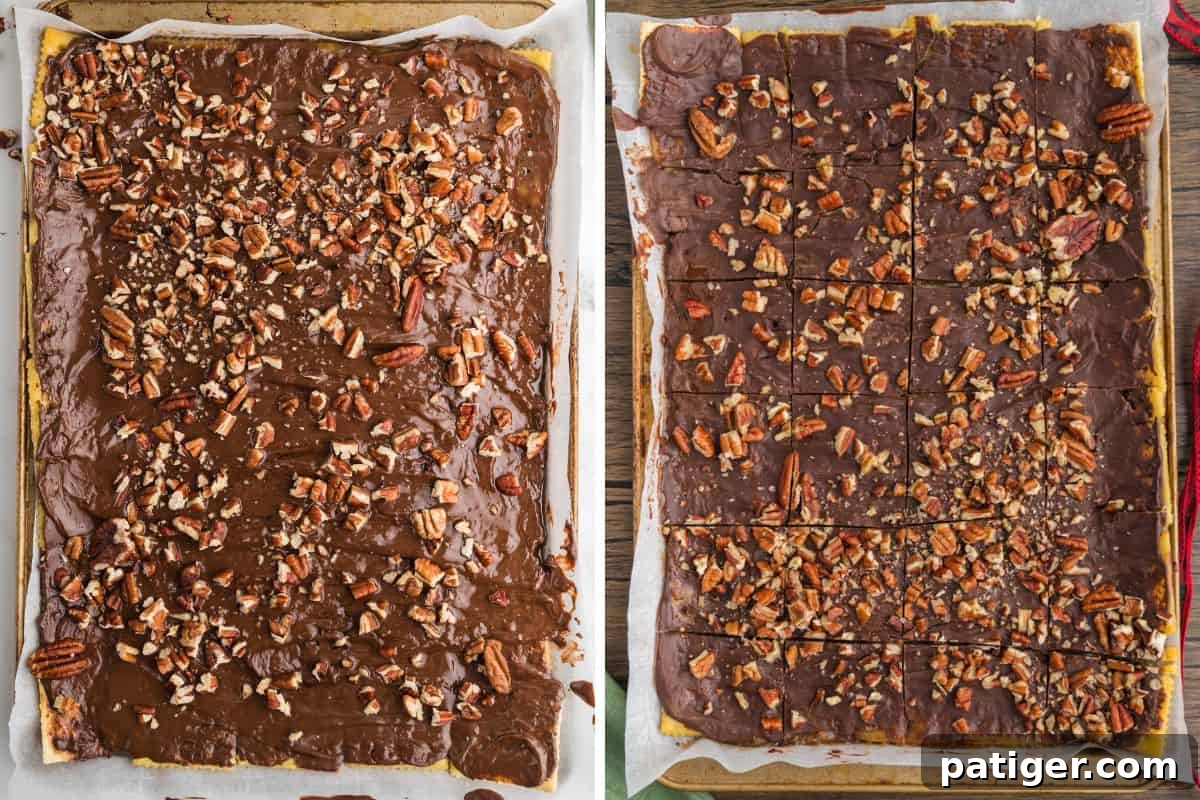 Chocolate-covered saltine toffee topped with chopped pecans, whole and cut into squares.