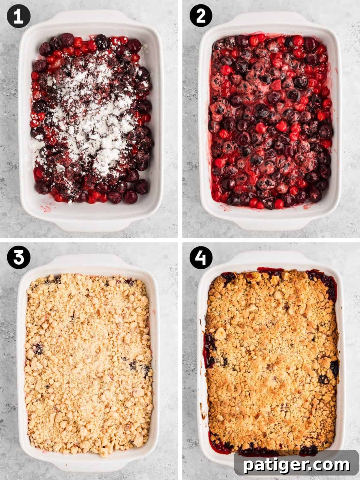 Collage with four numbered images in a white baking dish: (1) cherry filling topped with cornstarch, (2) mixed cherry filling, (3) topped with crumbly mixture, (4) fully baked cherry cobbler with golden crust and bubbling edges.