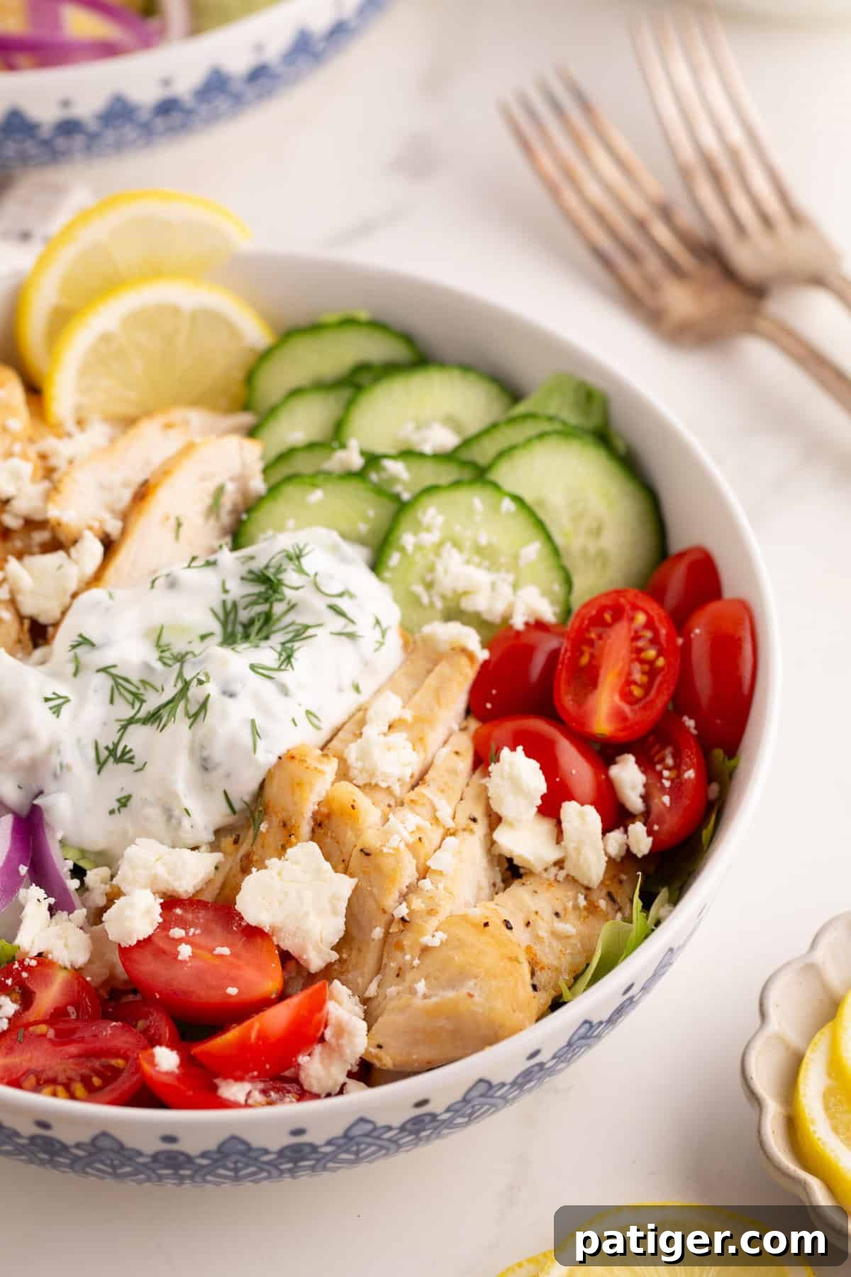 An appetizing close-up of a chicken gyro bowl, showcasing tender chicken, brightly sliced vegetables, a rich swirl of tzatziki sauce, and vibrant lemon slices, highlighting the fresh ingredients.