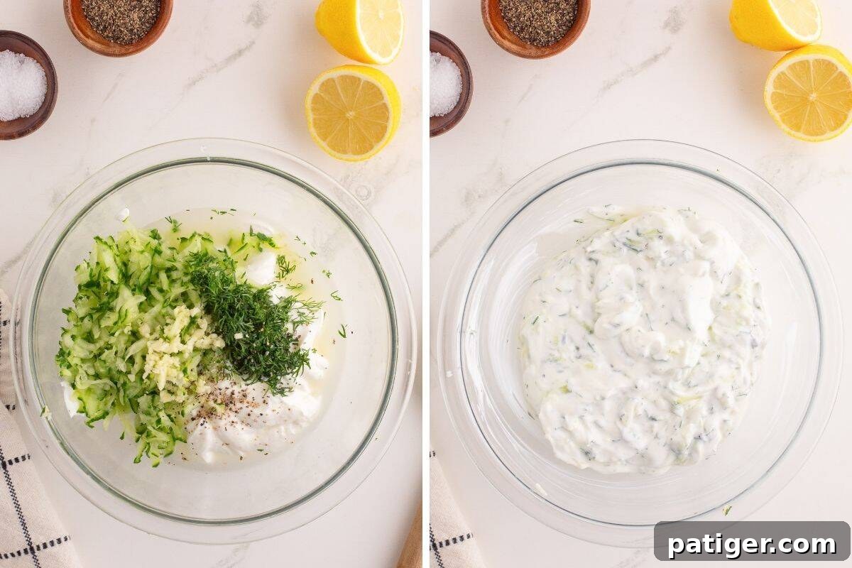A visual guide showing tzatziki ingredients before mixing, with separate bowls of Greek yogurt, grated cucumber, lemon, garlic, and dill, and then a second image of all ingredients beautifully blended into a creamy tzatziki sauce.