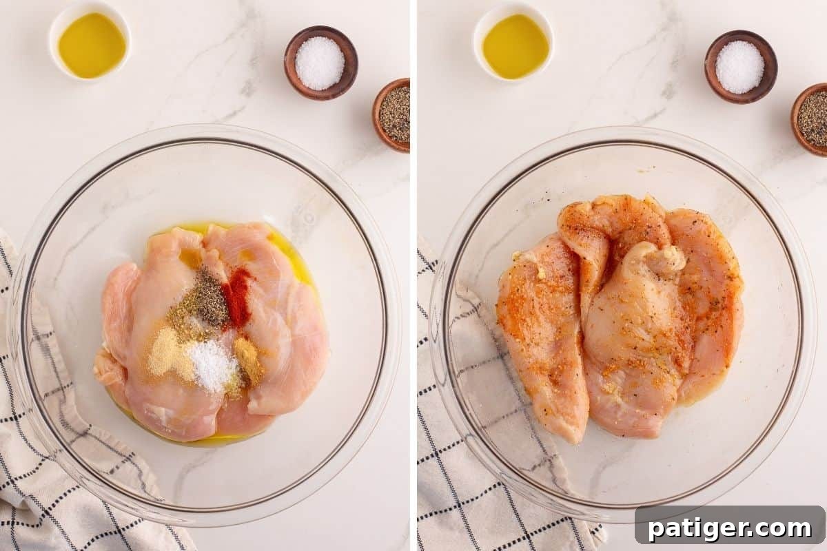A two-part image showing the chicken seasoning process. The left image displays raw chicken breasts in a glass bowl, topped with olive oil and a vibrant array of spices including paprika, garlic powder, and salt. The right image shows the chicken after being thoroughly mixed, each piece evenly coated in the rich, reddish marinade, ready for cooking.