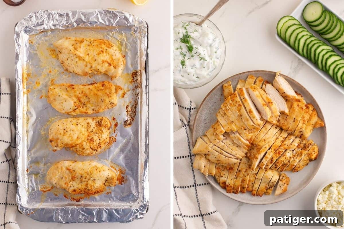 A collage displaying two stages of preparing chicken for gyro bowls. The first image shows perfectly baked and golden-brown seasoned chicken breasts on a baking sheet. The second image reveals the same chicken, expertly sliced into uniform strips, showcasing its juicy interior, ready to be added to the bowls.