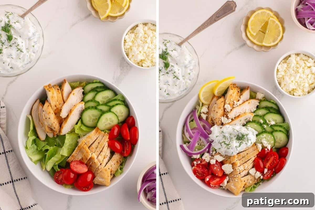 A captivating collage showcasing the assembly of Greek chicken salad bowls. The left image presents the foundational ingredients artfully arranged: crisp romaine lettuce, succulent grilled chicken slices, refreshing cucumber slices, and bright cherry tomatoes. The right image reveals the fully adorned bowl, complete with a sprinkle of thinly sliced red onion, a scattering of crumbled feta, a vibrant lemon wedge, and a creamy dollop of tzatziki sauce, elegantly garnished with fresh dill.