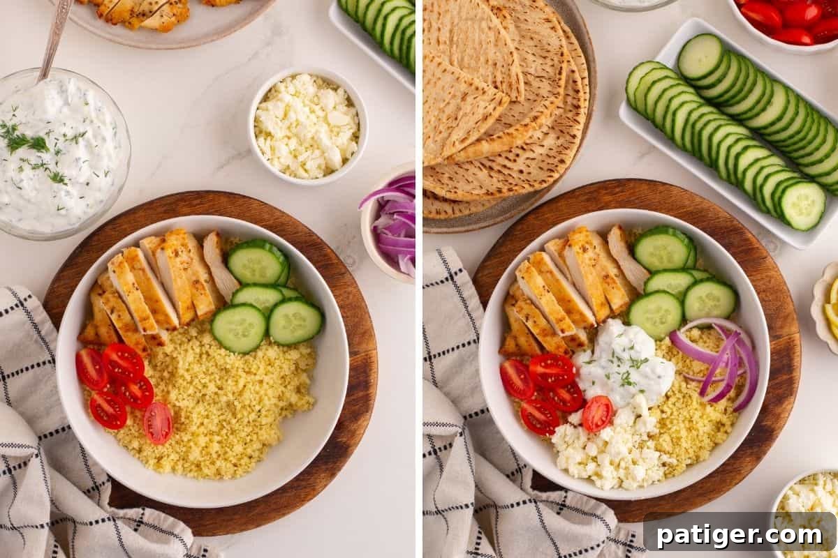 Two visually appealing side-by-side images featuring variations of Greek chicken gyro bowls. Both bowls contain delicious sliced grilled chicken, fluffy couscous, sweet cherry tomatoes, and crisp cucumber. The bowl on the right is enhanced with creamy tzatziki sauce, thinly sliced red onion, and crumbled feta. Surrounding the bowls are additional fresh ingredients including warm flatbread, sliced cucumbers, more tzatziki, red onion, and crumbled feta, offering a complete Mediterranean spread.