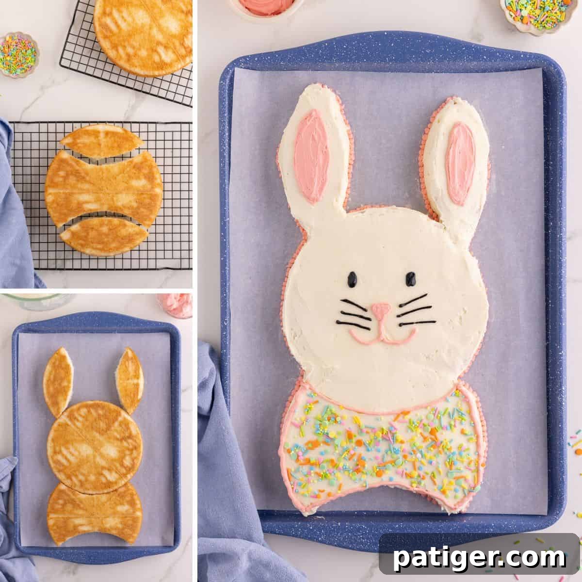 Charming Easter Bunny Cake 4 Collage with multiple images showing 2 baked round white cakes cut and arranged into a bunny shape, followed by the fully decorated bunny cake with white frosting, pink ear centers, piped facial features, and pastel sprinkles.