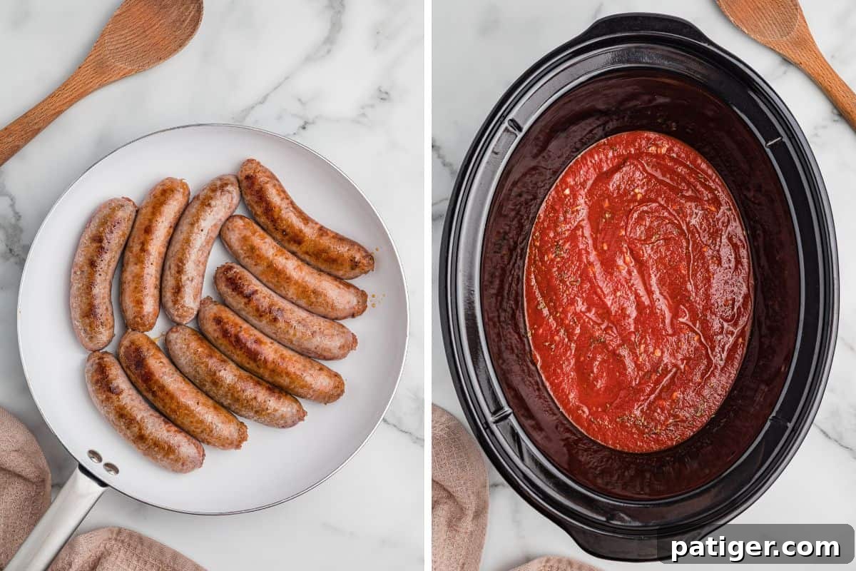 Side-by-side images of browned sausages in a pan and marinara sauce in a slow cooker.