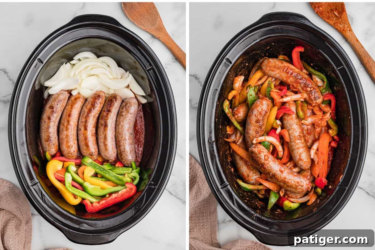 Left image shows a slow cooker with browned sausages, sliced onions, and multicolored bell peppers layered over marinara sauce. Right image shows the same contents after being stirred, with vegetables and sausages coated in sauce.