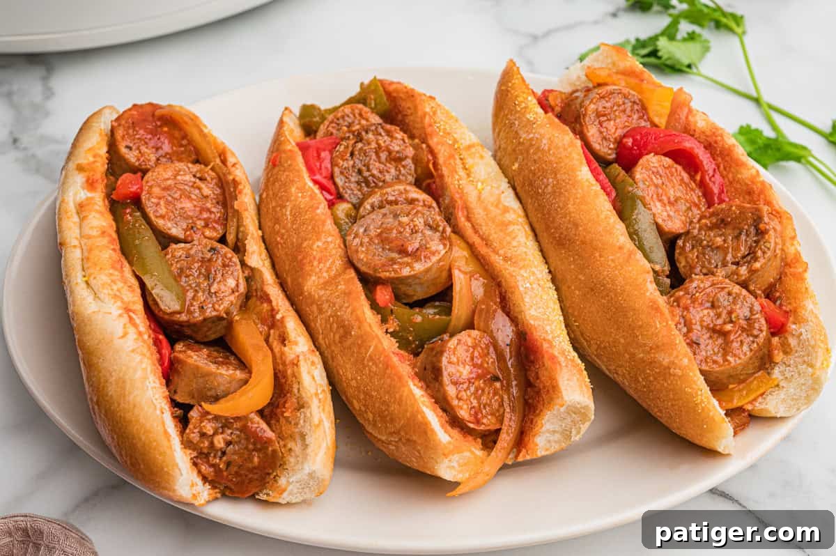 Three hoagie rolls filled with sausage, peppers, and onions.