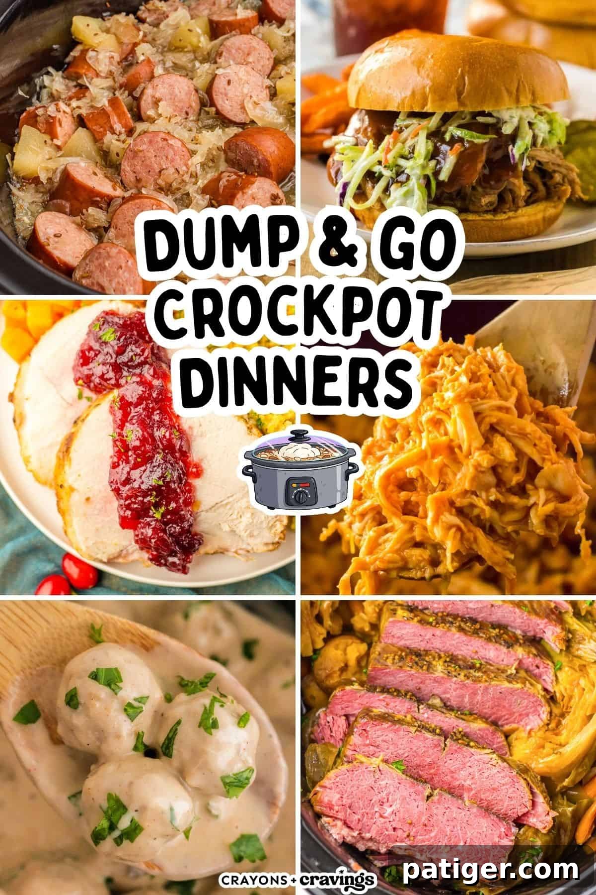 Collage pin of slow cooker meals including kielbasa, a pulled pork sandwich, turkey with cranberry sauce, shredded chicken, creamy meatballs, and sliced corned beef. Text reads “Dump & Go Crockpot Dinners.”
