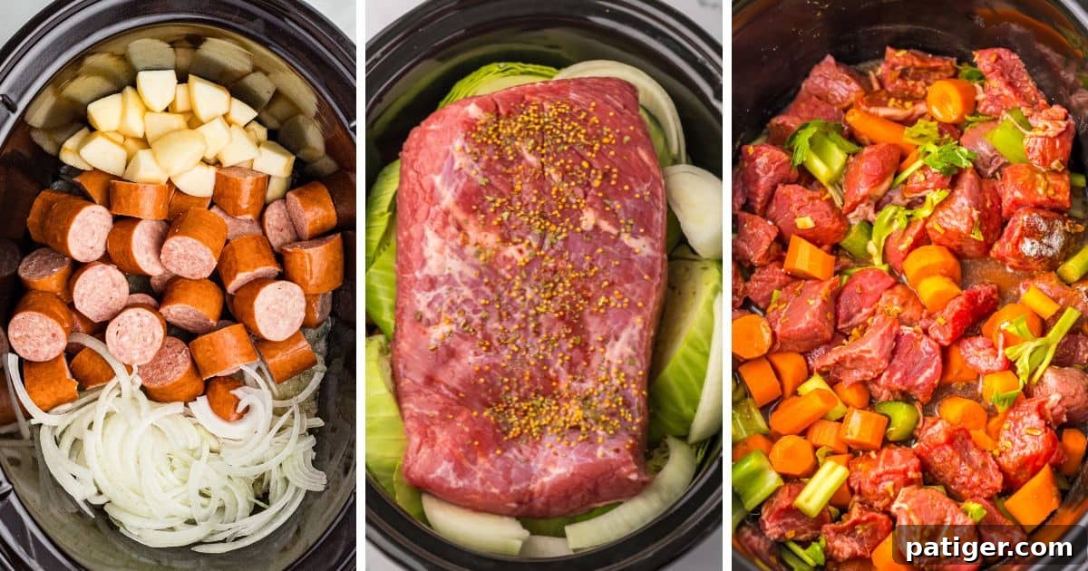 Collage of slow cooker dump-and-go recipe ingredients including sliced sausage, chopped potatoes, onions, raw roast with mustard seasoning, cabbage, carrots, celery, and beef pieces in broth.