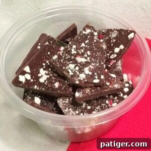 Holiday Peppermint Bark Treat 4 Peppermint chocolate bark in a plastic container, ready for gifting or serving.