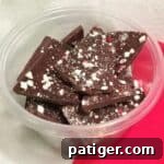 Holiday Peppermint Bark Treat 5 Small dish of peppermint chocolate bark.