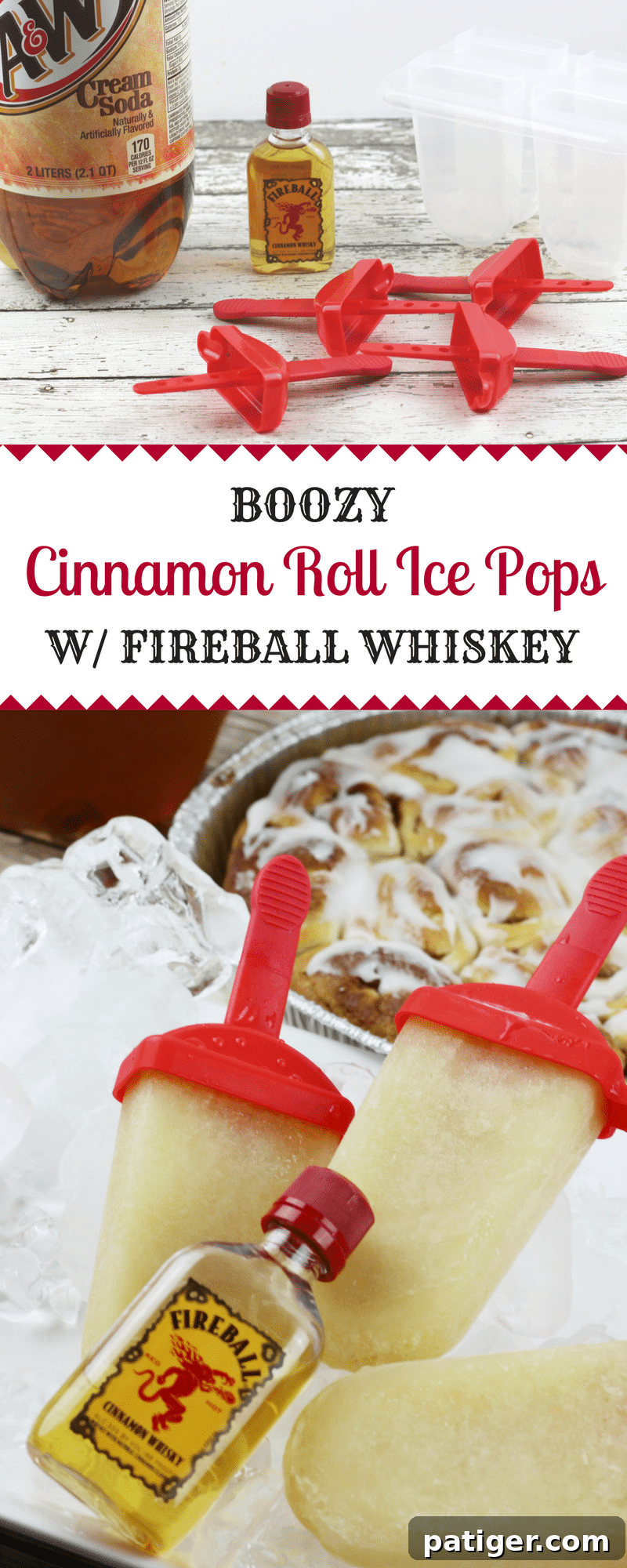 A refreshing Fireball Whiskey Cinnamon Roll Ice Pop, showcasing the delicious two-ingredient combination of cream soda and Fireball whiskey for an easy and delightful adult summer treat. The pop is perfectly frozen, ready to be enjoyed.