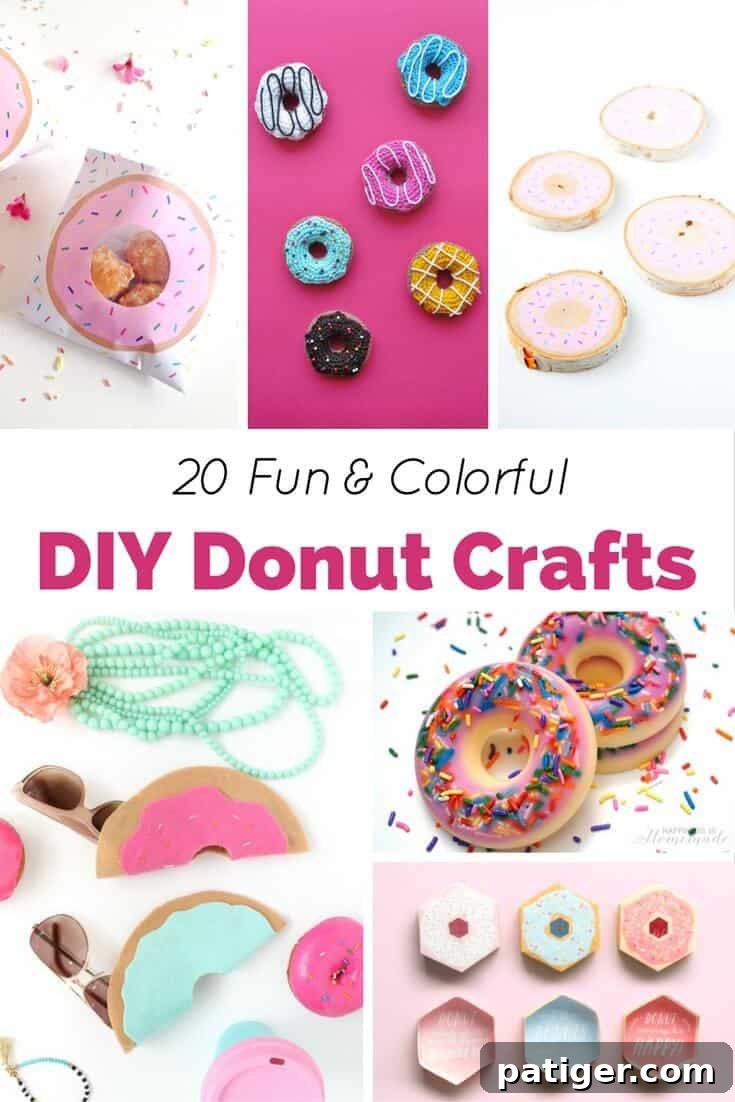 20 Fun & Colorful DIY Donut Crafts Pinterest image collage showcasing various donut-themed creations.