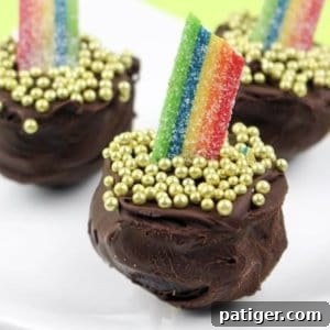 Pot of Gold Truffles with rainbow candies and gold ball sprinkles.