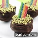 Pot of Gold Truffles with rainbow candies and gold ball sprinkles.