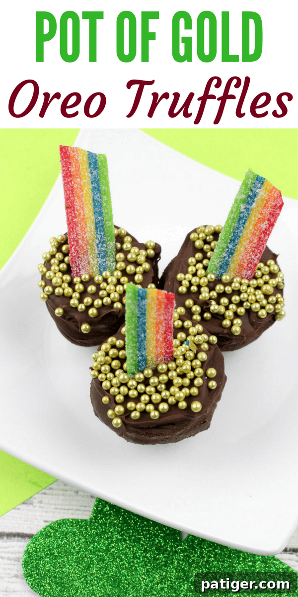 A festive image showcasing a collection of completed Pot of Gold Oreo Truffles, each perfectly adorned with a rainbow candy and gold sprinkles, ready for St. Patrick's Day celebration.