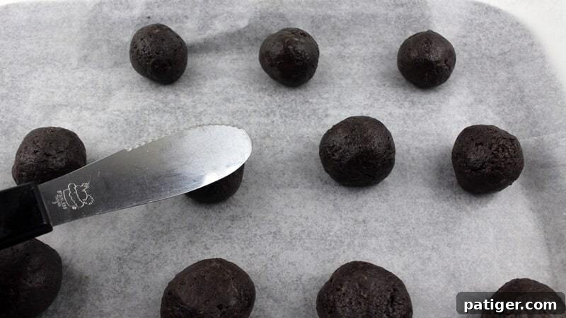 A spatula pressing down on a perfectly shaped Oreo truffle ball mixture on a lined baking sheet, ready for the next step.