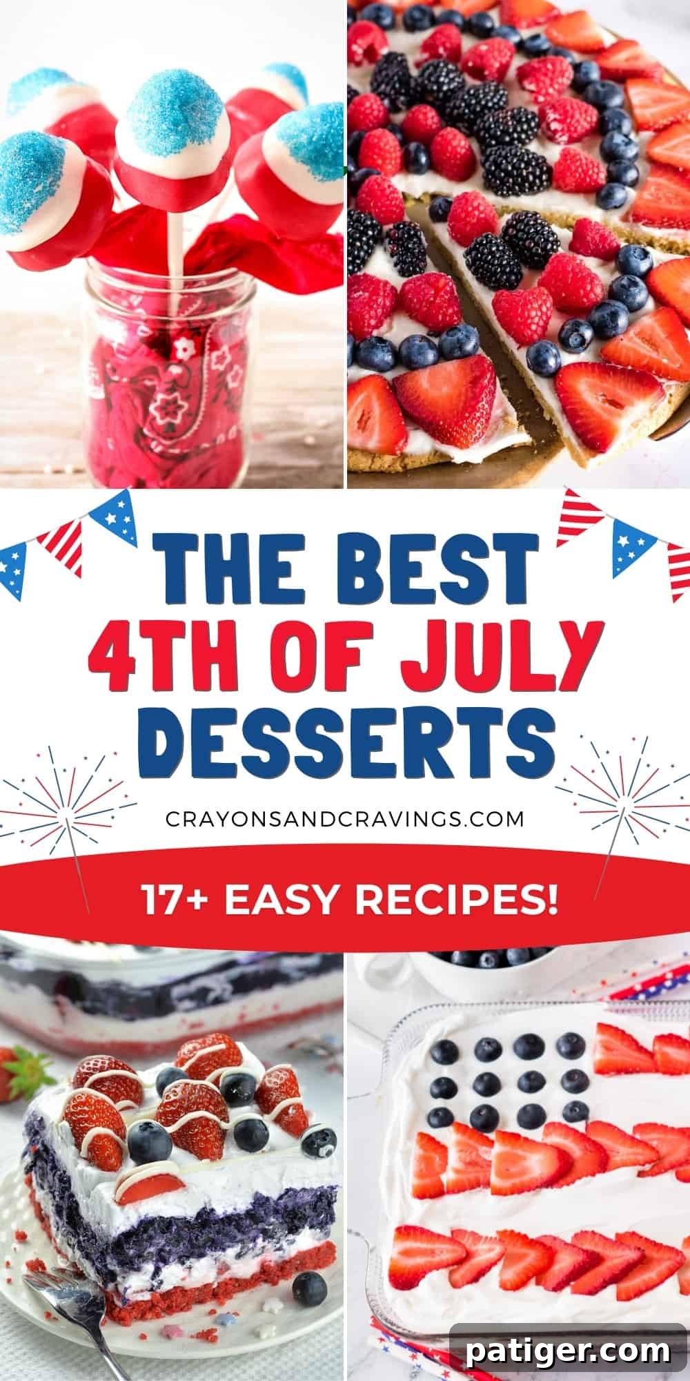 A festive collage showcasing various easy 4th of July dessert recipes, emphasizing fresh fruits and patriotic themes.