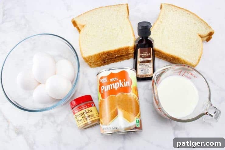 Eggs, pump pie spice, canned pumpkin, vanilla, milk, and white bread.