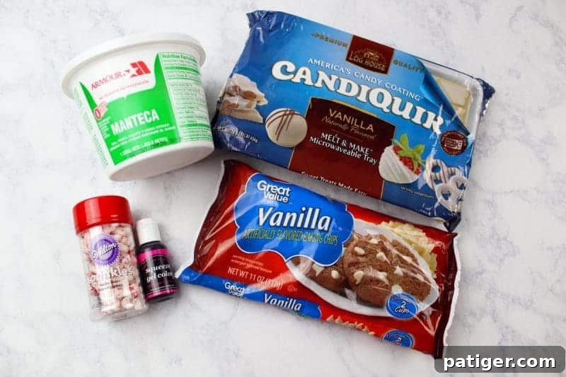 Vanilla candiquick melting candy, lard, bone sprinkles, red food coloring, and vanilla baking chips.