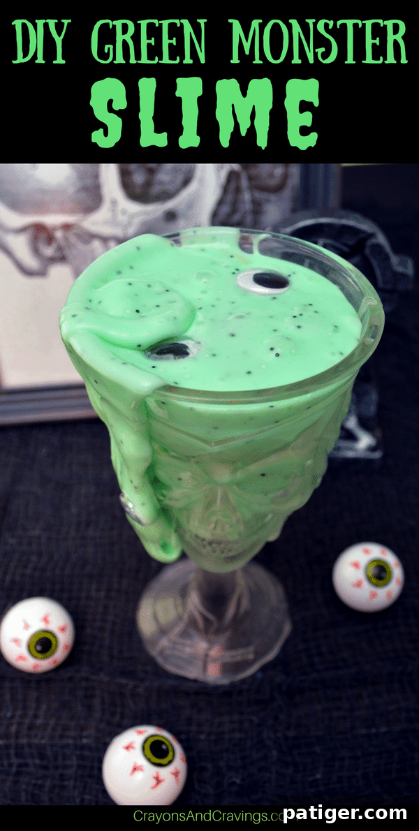 Gooey and jiggly, with black glitter and googly eyes, this DIY green monster slime recipe is easy to make and lots of fun to play with!