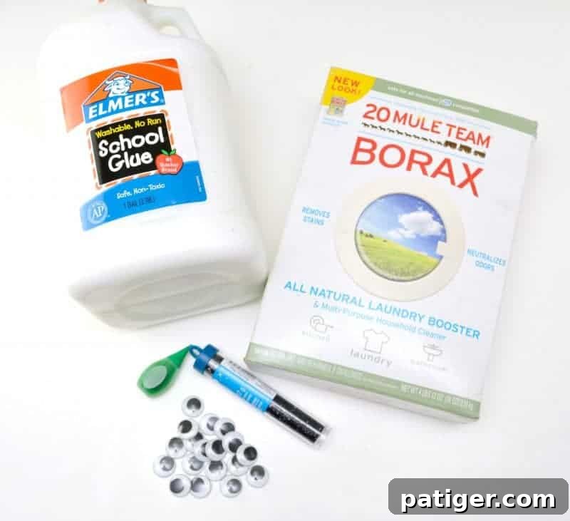 Gooey and jiggly, with black glitter and googly eyes, this DIY green monster slime recipe is easy to make and lots of fun to play with!