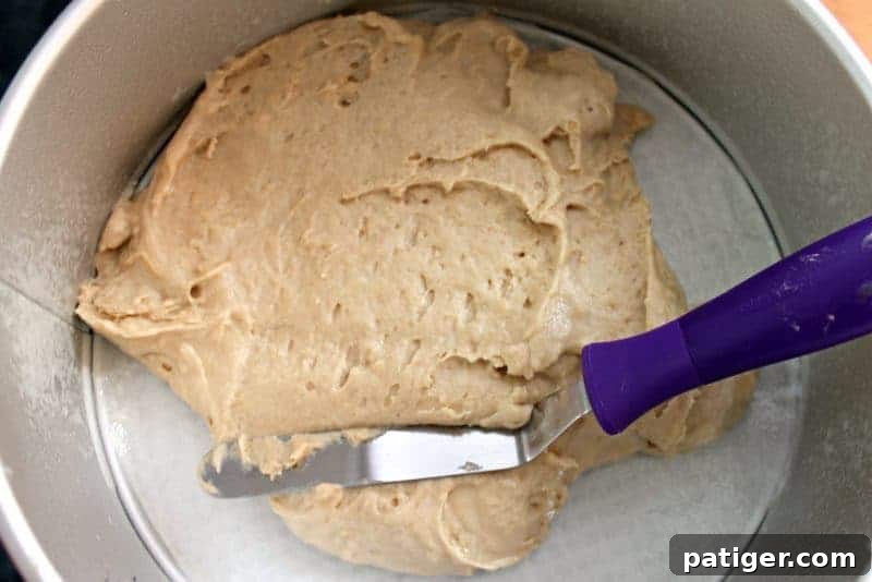 First layer of coffee cake batter spread evenly in a prepared springform pan.