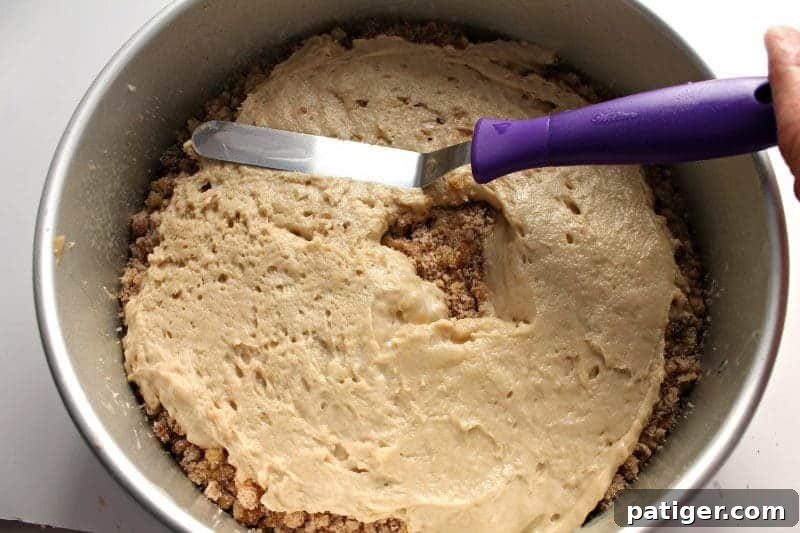 Remaining coffee cake batter dolloped over the streusel and cream cheese layers.
