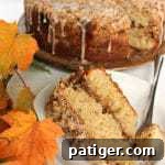 Close-up of a slice of Maple Walnut Coffee Cake on a plate.