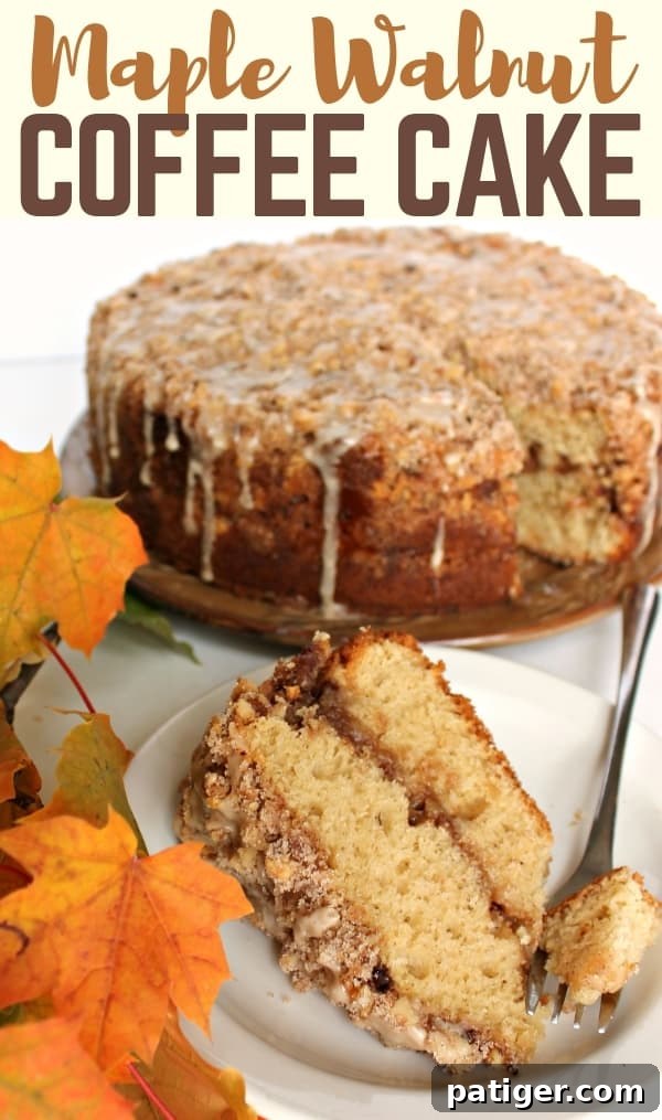 A delicious Maple Walnut Coffee Cake with maple icing, perfect for a Pinterest pin.