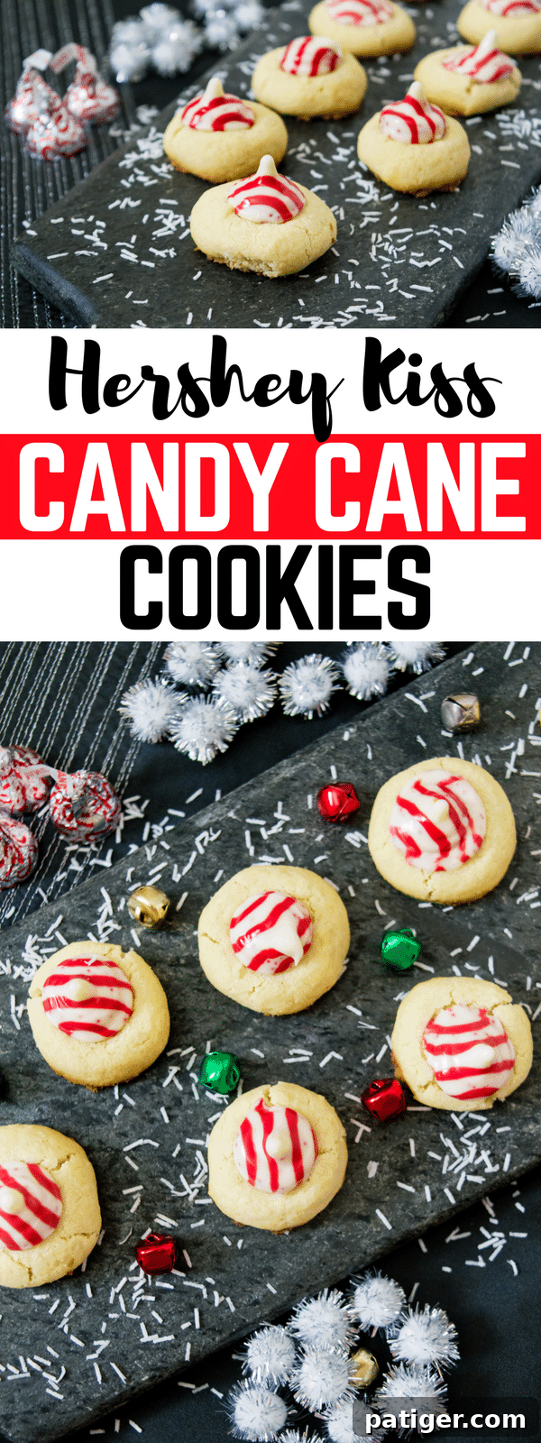 Closeup of Candy Cane Hershey Kiss Cookies, showcasing the iconic peppermint chocolate.