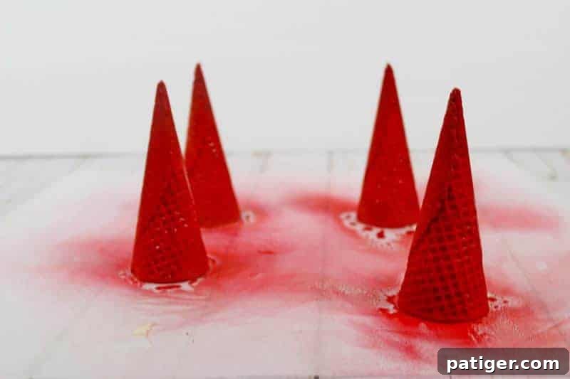 Instructions for making Santa Hat Cupcakes, showing the steps of frosting cupcakes and preparing sugar cones.