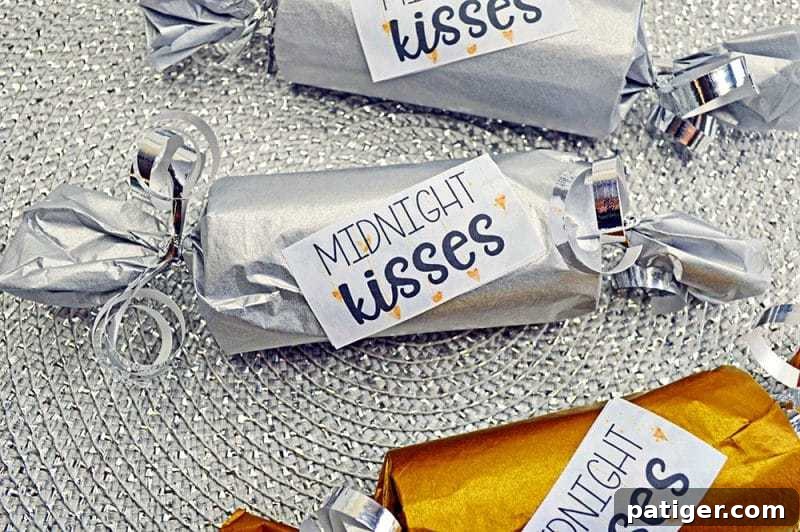 This fun Midnight Kisses New Year's Eve Party Poppers craft is easy to make with toilet paper rolls, tissue paper, ribbon, and the included printable label.