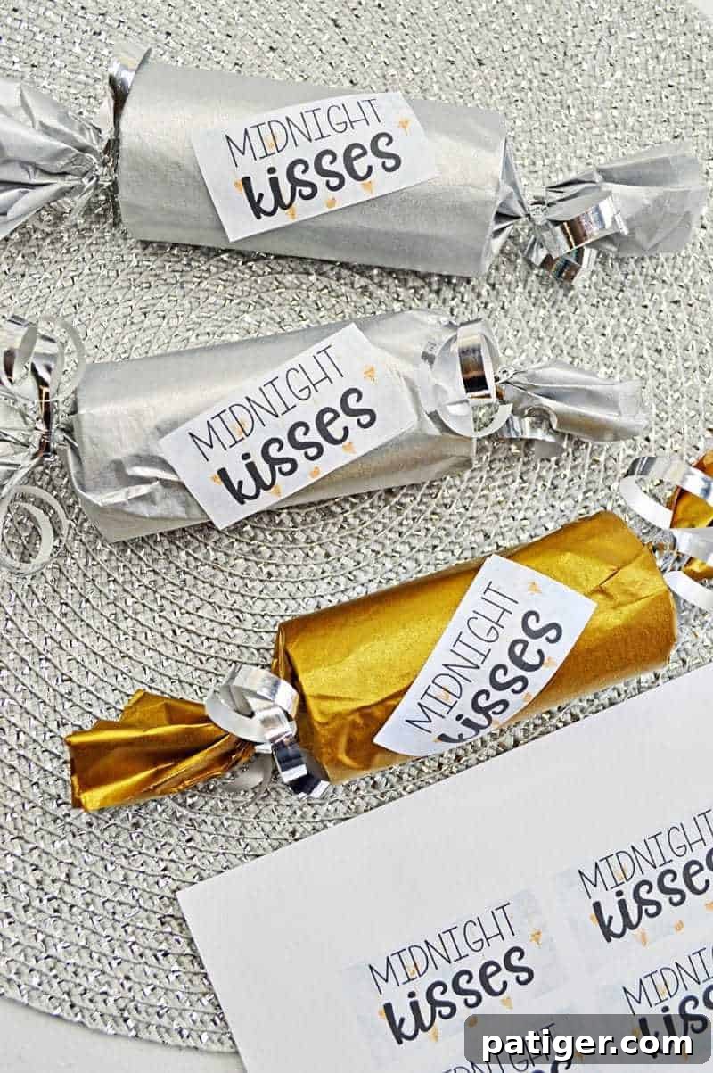 This fun Midnight Kisses New Year's Eve Party Poppers craft is easy to make with toilet paper rolls, tissue paper, ribbon, and the included printable label.