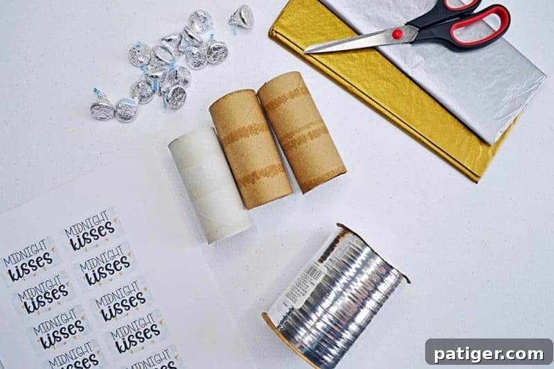 This fun Midnight Kisses New Year's Eve Party Poppers craft is easy to make with toilet paper rolls, tissue paper, ribbon, and the included printable label.