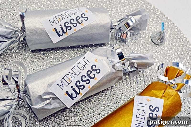 This fun Midnight Kisses New Year's Eve Party Poppers craft is easy to make with toilet paper rolls, tissue paper, ribbon, and the included printable label.
