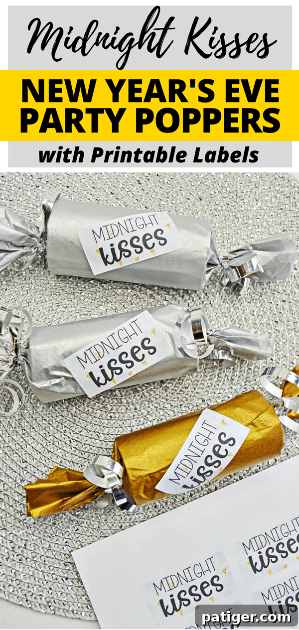 This fun Midnight Kisses New Year's Eve Party Poppers craft is easy to make with toilet paper rolls, tissue paper, ribbon, and the included printable label.