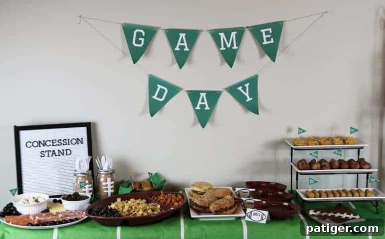 A vibrant football-themed party spread with various decorations, food, and printables.