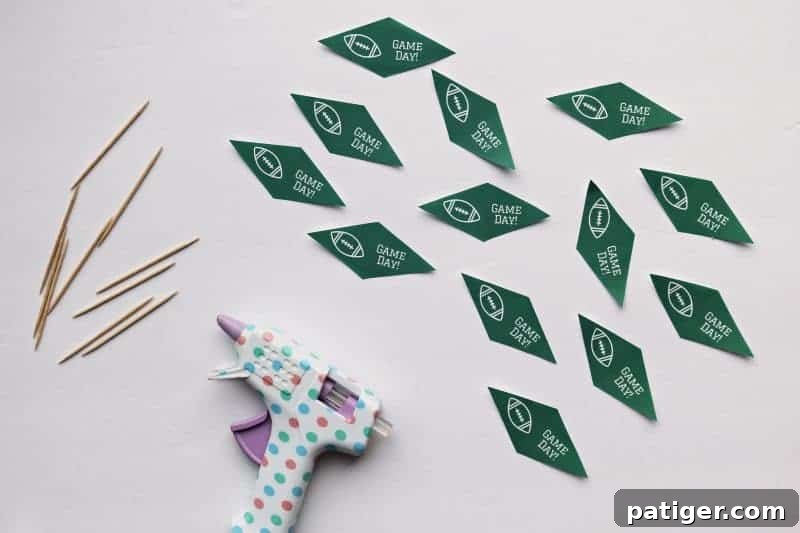 Step-by-step image showing how to cut out the Game Day toothpick topper flags.