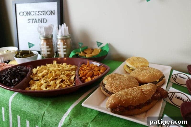 A wide shot of the football-themed party spread, showcasing all the appetizers and decorations.