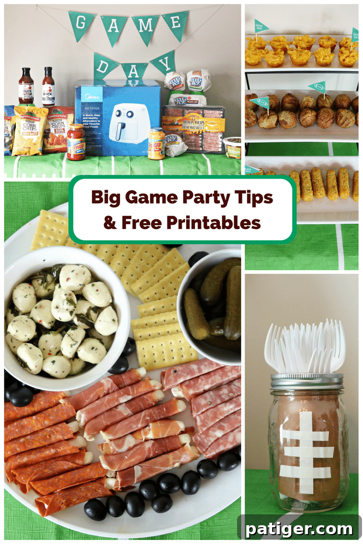 A comprehensive football-themed party spread featuring all the decor printables and delicious food items.